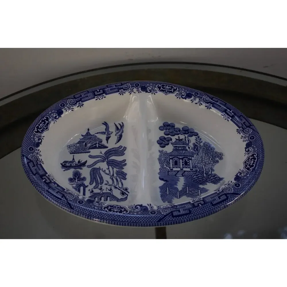 Churchill Blue Willow Oval Divided Serving‎ Dish Staffordshire  England 10”